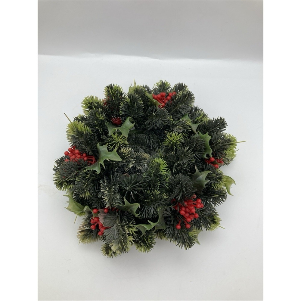 Vintage Plastic Christmas Candle Ring Wreath Holly Berries Evergreens Ivy